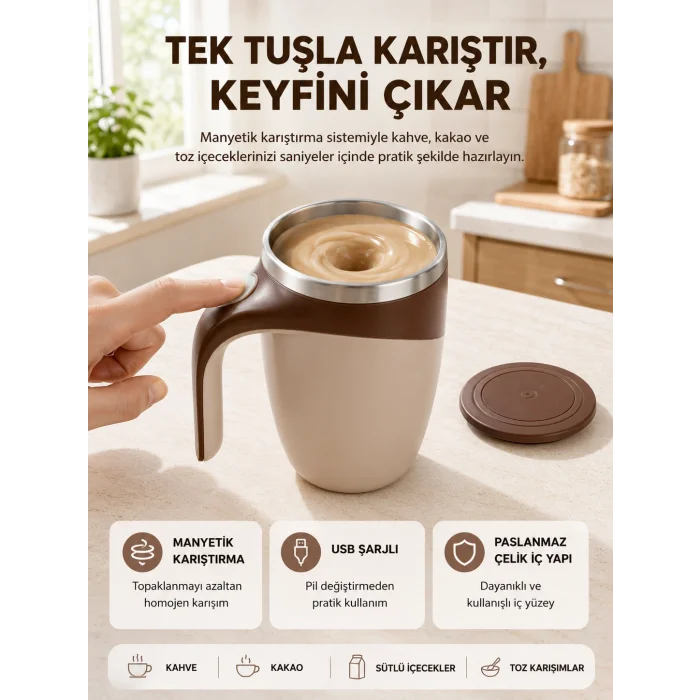 Manyetik Karıştırıcı Kupa USB Şarjlı Otomatik Karıştırma Çift Katmanlı