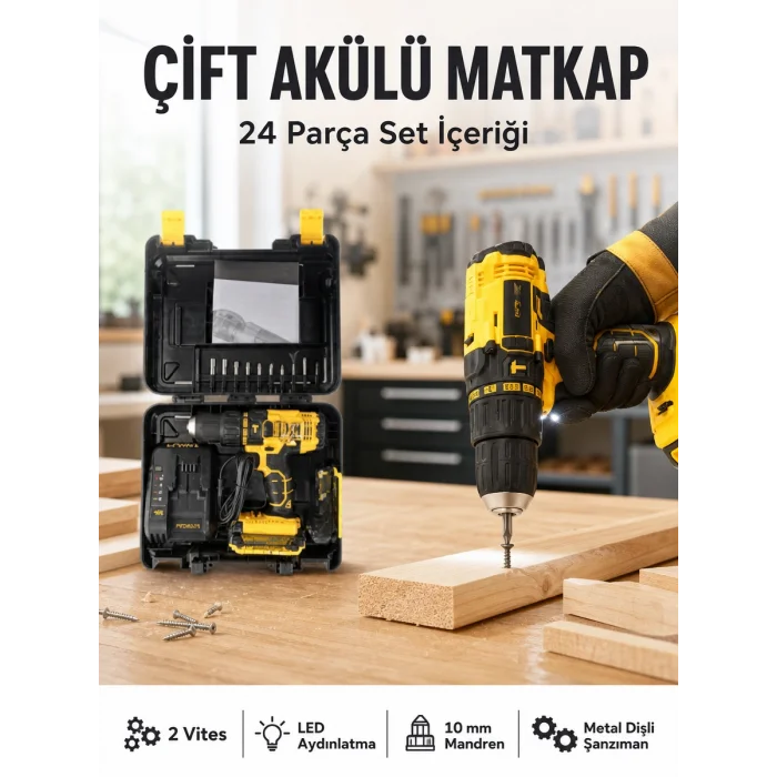 Matkap Seti 24 Parça Çift Bataryalı Darbeli Led Işıklı Vidalama Yeni Nesil