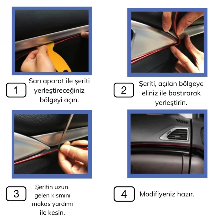 Mavi Araba Oto Trim Dekorasyon Şeridi Kauçuk Elastik Kolay Kurulum 5 metre Şerit Bant (5047)