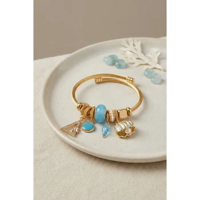 Mavi Deniz Kabuğu Model Gold Renk Charmlı Bileklik