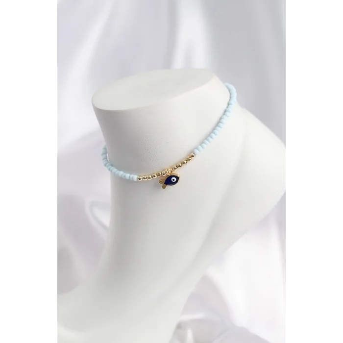 Mavi Renk Boncuklu Balık Figürlü Halhal