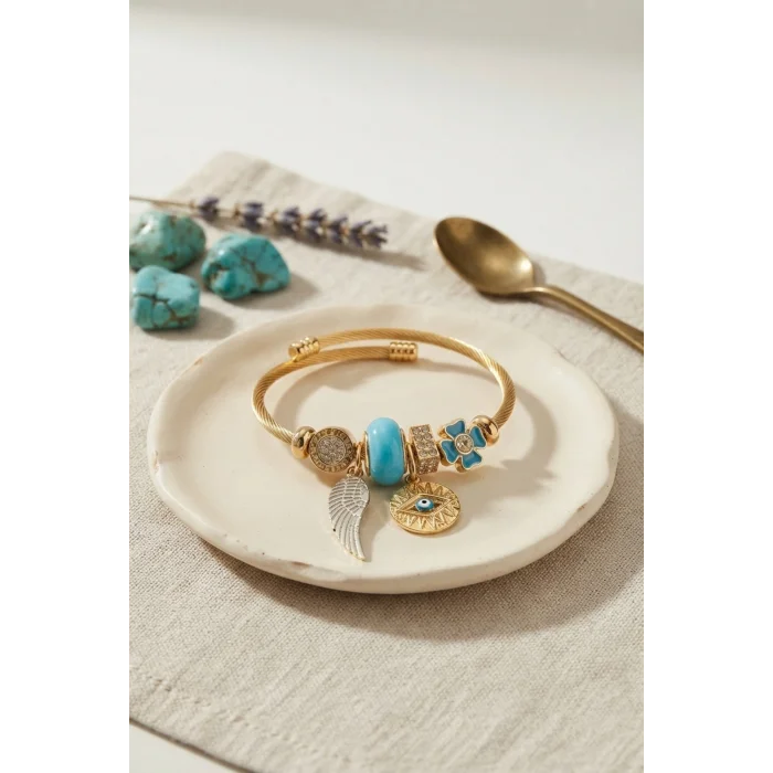 Mavi Renk Göz Model Gold Charmlı Bileklik