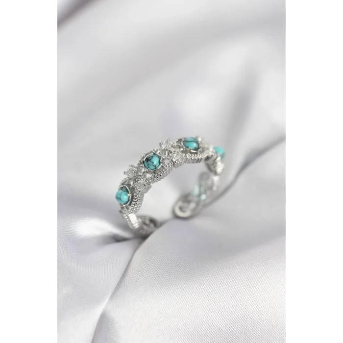 Mavi Taşlı Gümüş Renk Vintage Kadın Yüzük