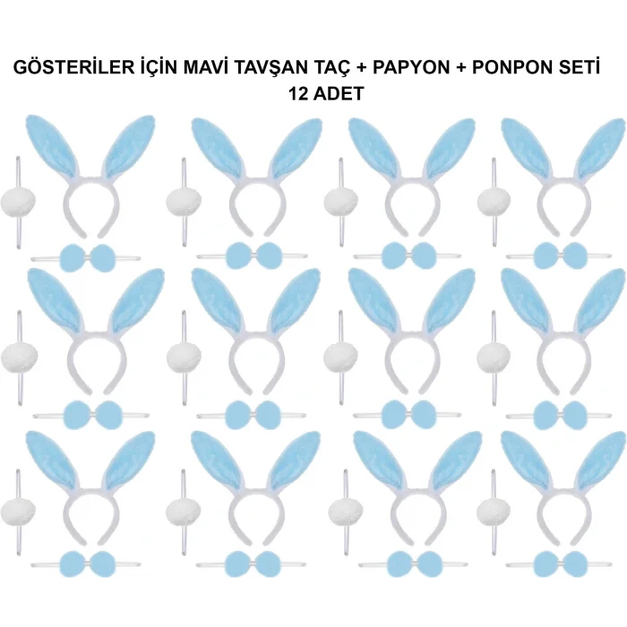 Mavi Tavşan Kostüm Seti – Taç, Papyon, Ponpon (12’li Paket) (5047)