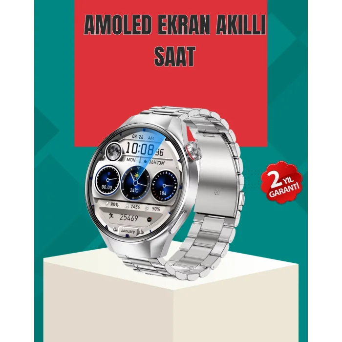 Metal Gövdeli AMOLED Akıllı Saat – Kan Oksijen, Nabız ve Arama Fonksiyonlu