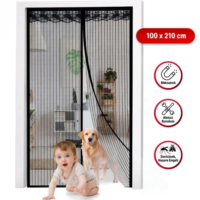 Mıknatıslı Kapı Sinekliği Siyah 100x210 cm Otomatik Kapanan Manyetik Tül Sineklik (5047)