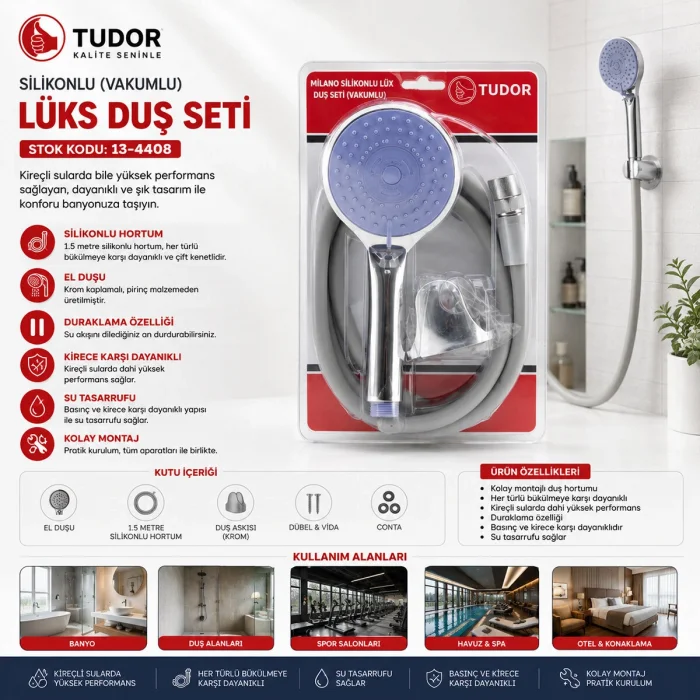 MİLANO VAKUMLU - SİLİKON LÜKS DUŞ SETİ DUŞ BAŞLIK=MİX SİLİKON HORTUM=1.5MT MAFSAL=3 KADEME (5047)