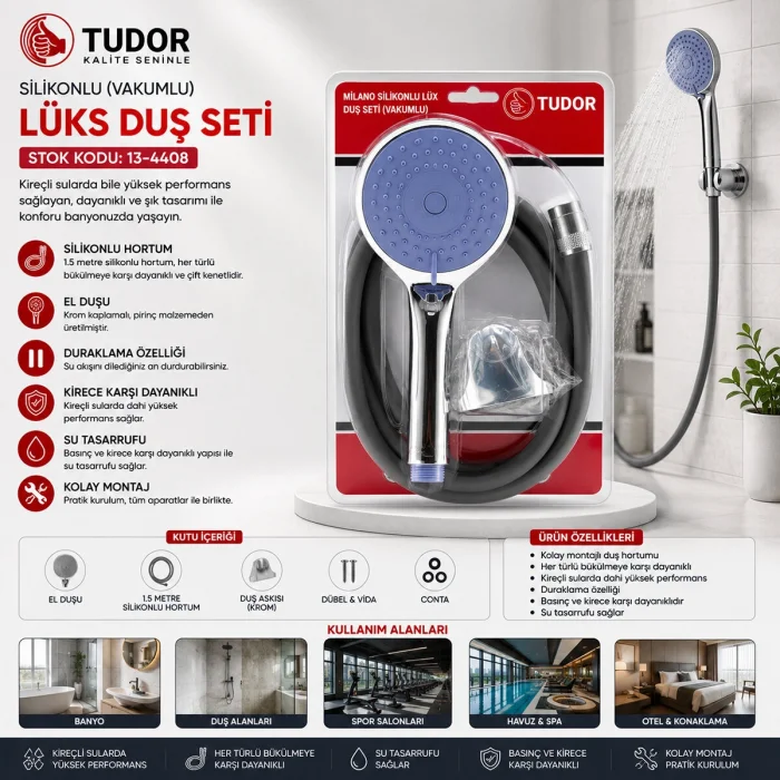 MİLANO VAKUMLU - SİLİKON LÜKS DUŞ SETİ DUŞ BAŞLIK=MİX SİLİKON HORTUM=1.5MT MAFSAL=3 KADEME (5047)