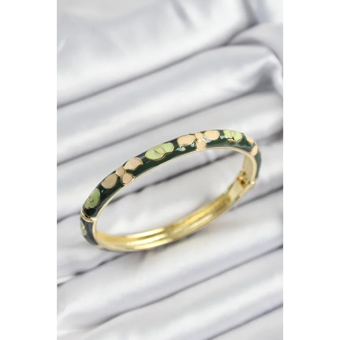 Mineli Pirinç Krem Ve Yeşil Çiçek Motifli Gold Renk Kadın Kelepçe