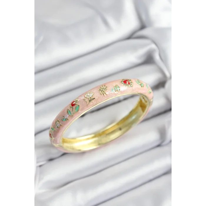 Mineli Pirinç Pembe Çiçek Motifli Gold Renk Kadın Kelepçe