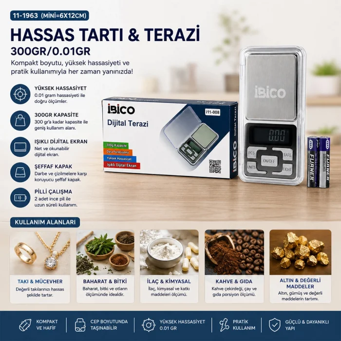 MİNİ=6X12CM HASSAS TARTI - TERAZİ 300GR/0.01GR ŞEFFAF PLS.KAPAKLI - PİLLİ= 2PCS İNCE (5047)