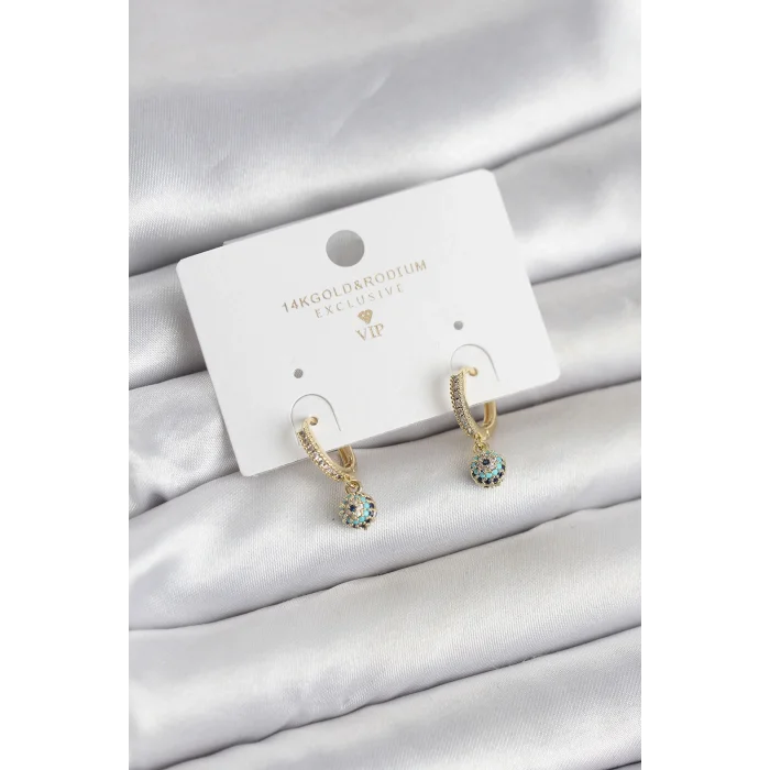 Minimal Nazarlı Model Gold Renk Zirkon Taşlı Kadın Küpe