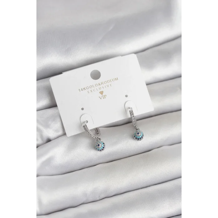 Minimal Nazarlı Model Gümüş Renk Zirkon Taşlı Kadın Küpe