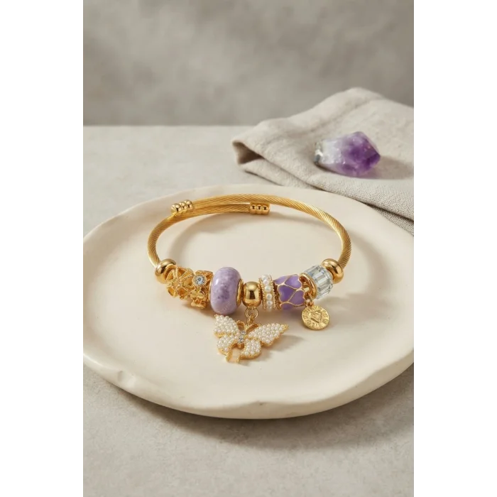 Mor Kelebek Model Gold Renk Charmlı Bileklik