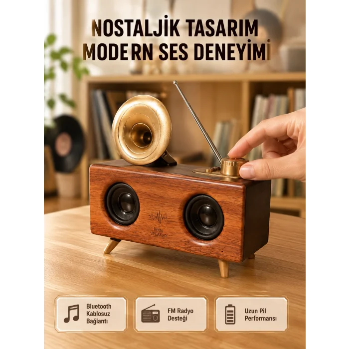 Nostaljik Gramofon Bluetooth Hoparlör – FM Radyo + USB + SD Kart Destekli