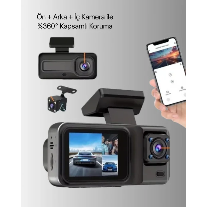 Ön Arka ve İç Kamera DashCam 360° Kapsamlı Full HD Araç Güvenlik Sistemi