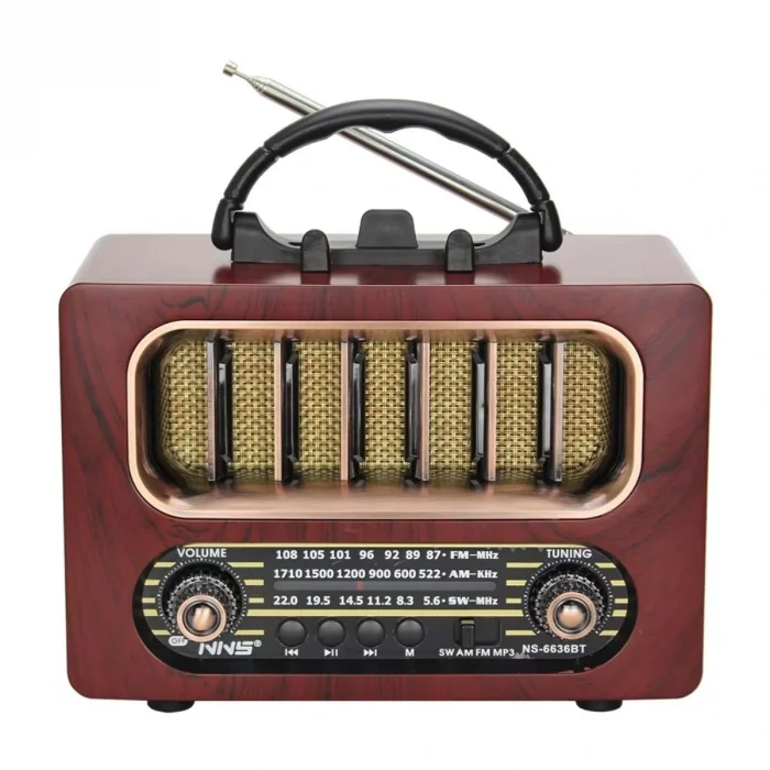 Orta Boy Retro Ahşap Tasarım Bluetooth Hoparlörlü Radyo – FM/AM Destekli, Şarjlı ve Taşınabiliri Radyo NS-6636 (5047)