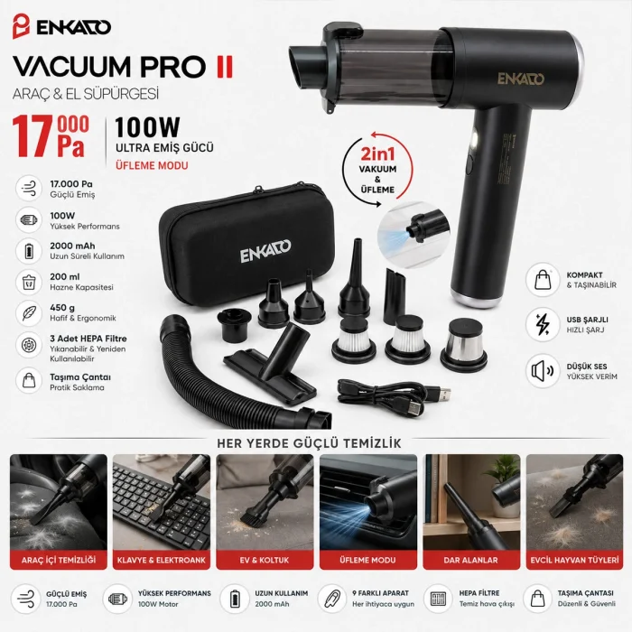 OTO ARAÇ - 2IN1 ŞARJLI 100W - 17000PA 9 BAŞLIK - 3 FİLTRE EL TİPİ BASINÇLI HAVA ÜFLEME - ARAÇ SÜPÜRGE MAKİNESİ TAŞIMA ÇANTALI EKD-SP10 (5047)