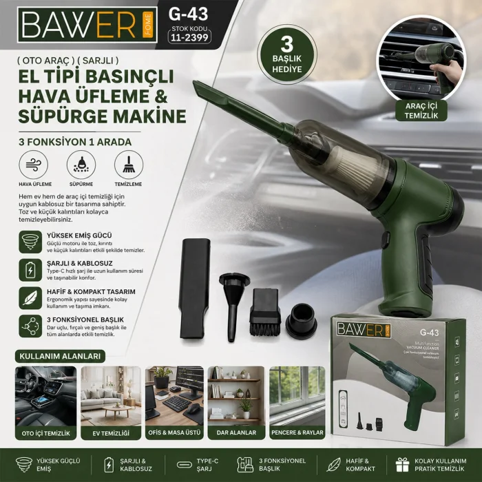OTO ARAÇ SARJLI EL TİPİ BASINÇLI HAVA ÜFLEME - SÜPÜRGE MAKİNE 3 BAŞLIK G-43 (5047)