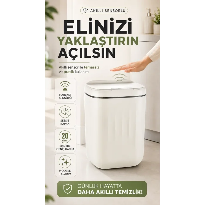 Otomatik Açılıp Kapanan Kapak Sensörlü Çöp Kutusu 20 Litre İç Hacim Geniş Büyük Boy