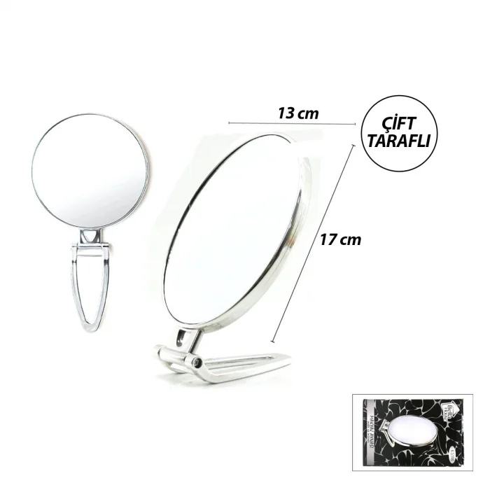 OVAL - GÜMÜŞ 6.5 INC=16.5X13CM MAKYAJ AYNASI ÇİFT TARAFLI KATLANIR AYAKLI (5047)