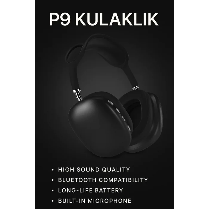 P9 Bluetooth 5.0 Kablosuz Siyah Kulaklık Mikrofonlu Uzun Pil Yüksek Bass Anc
