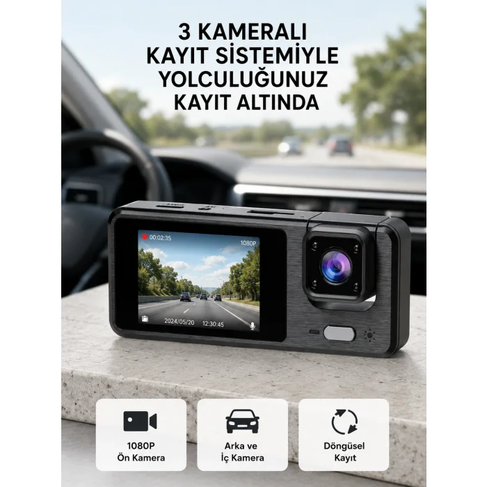 Park Modlu 3 Kameralı Araç Kayıt Cihazı 1080P Ön Kamera 2’’ Ekran