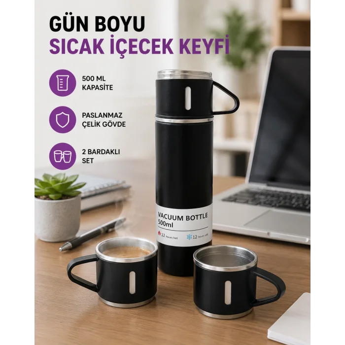 Paslanmaz Çelik 500 ml Termos Seti – 8 Saat Isı Koruma, Vakumlu, Sızdırmaz ve Taşınabilir