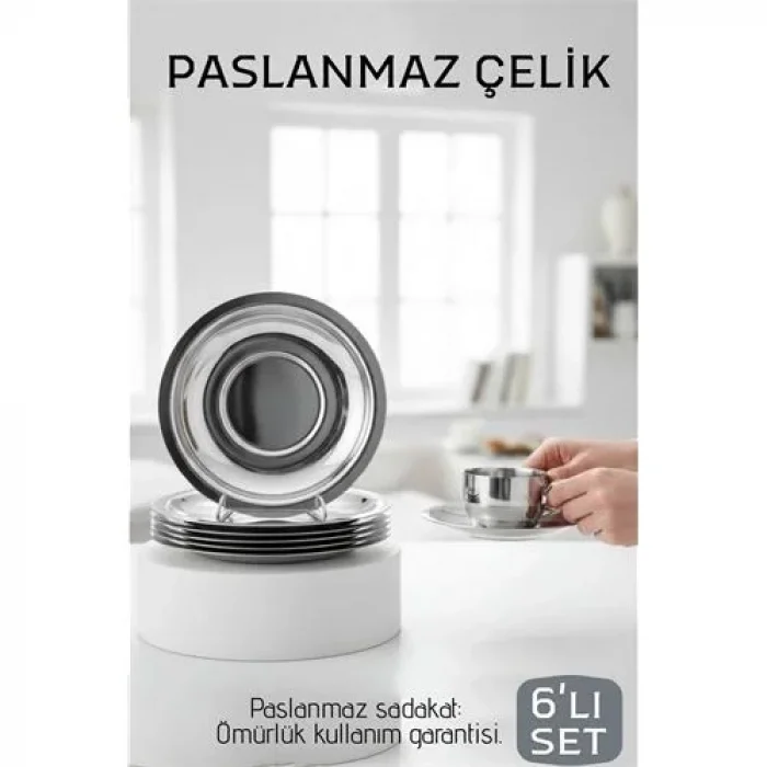 Paslanmaz Çelik Çay Tabağı Seti - Premium 304 Kalite  6 Parça Lüks Aynalı Parlaklık Ve Modern Tasarım
