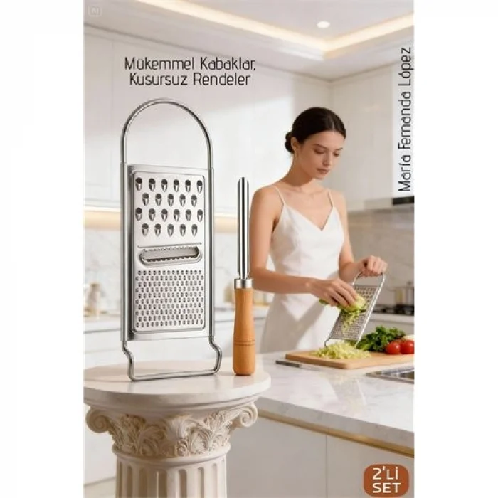 Paslanmaz Çelik El Rendesi ve Ahşap Saplı Kabak Oyacağı - 2li Profesyonel Mutfak Hazırlık Seti