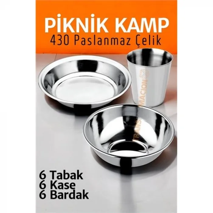 Paslanmaz Çelik Tabak Kase Bardak Seti Kamp Piknik Seti 18 adet 721505