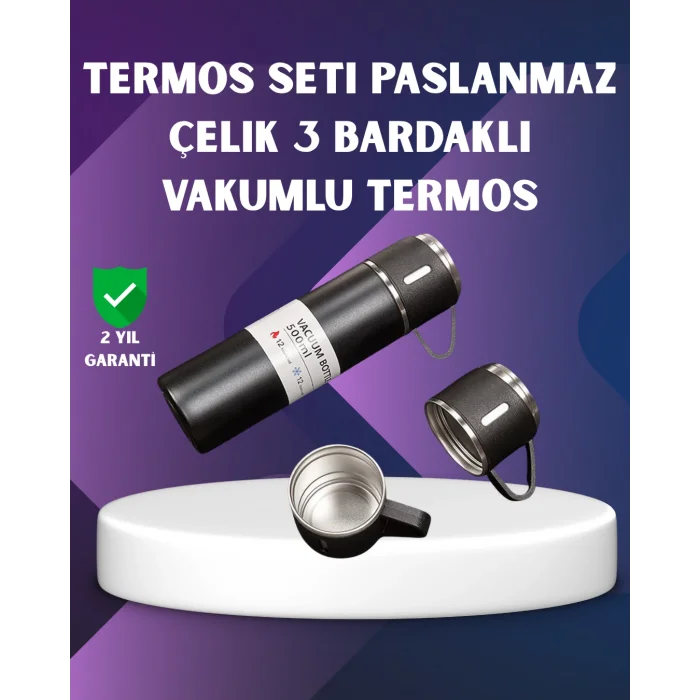 Paslanmaz Termos ve İkili Bardak Seti | 6-12 Saat Sıcak/Soğuk Tutma