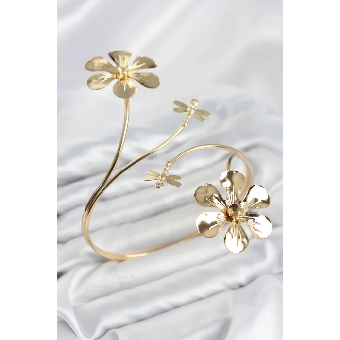 Pazu Bileklik Gold Renk Pirinç Çiçek Model