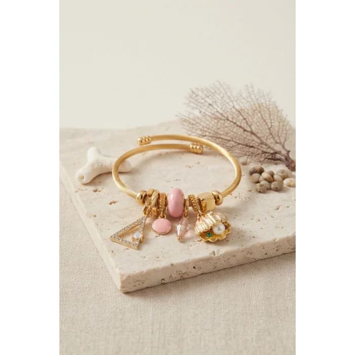 Pembe Deniz Kabuğu Model Gold Renk Charmlı Bileklik