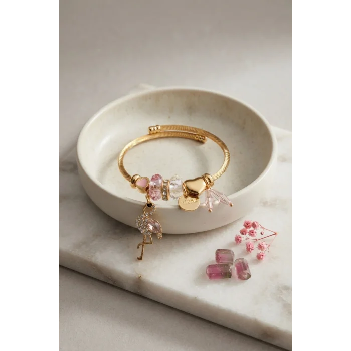 Pembe Flamingo Model Gold Renk Charmlı Bileklik