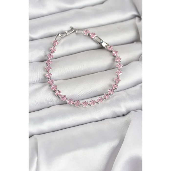 Pembe Kare Zirkon Taşlı Gümüş Renk Pirinç Su Yolu Kadın Bileklik