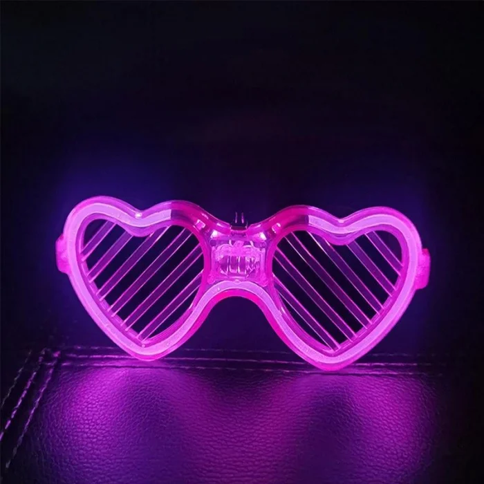 Pembe LED Işıklı Kalp Gözlük – 3 Modlu Parti - Glow Gözlüğü (5047)