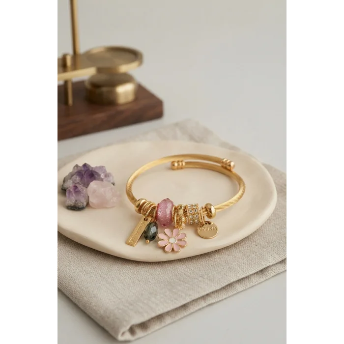 Pembe Papatya Model Gold Renk Charmlı Bileklik