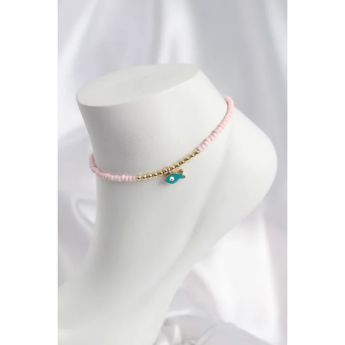 Pembe Renk Boncuklu Balık Figürlü Halhal