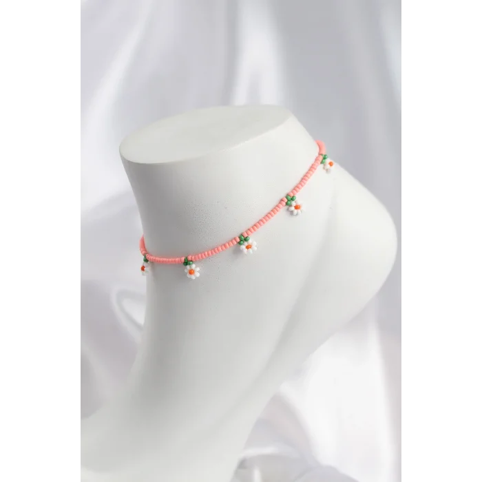 Pembe Renk Boncuklu Papatya Motifli Halhal