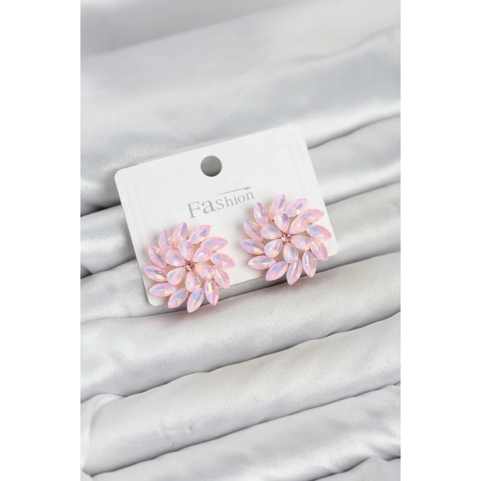 Pembe Renk Kristal Taşlı Çiçek Model Kadın Küpe