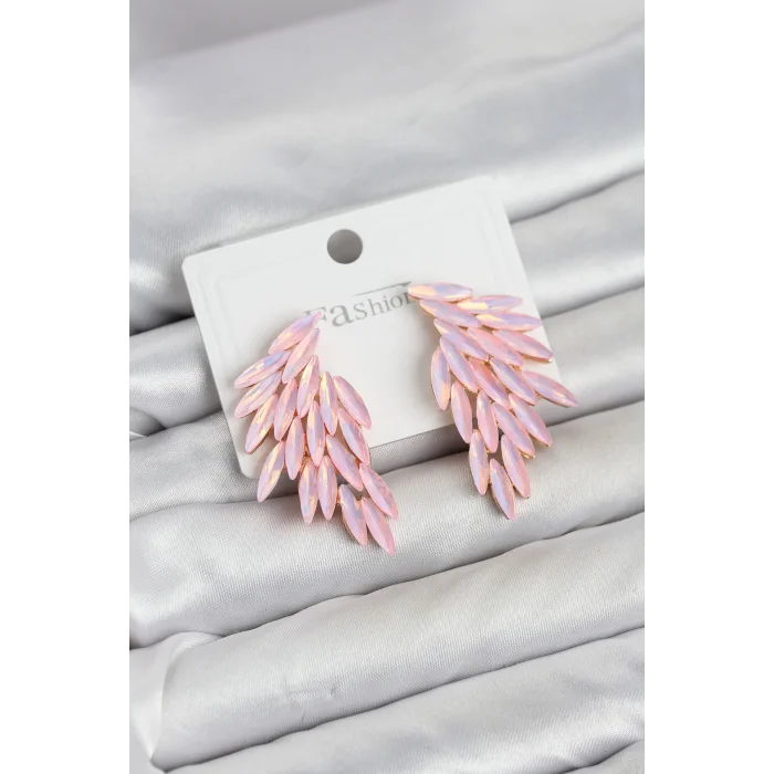 Pembe Renk Kristal Taşlı Kanat Küpe