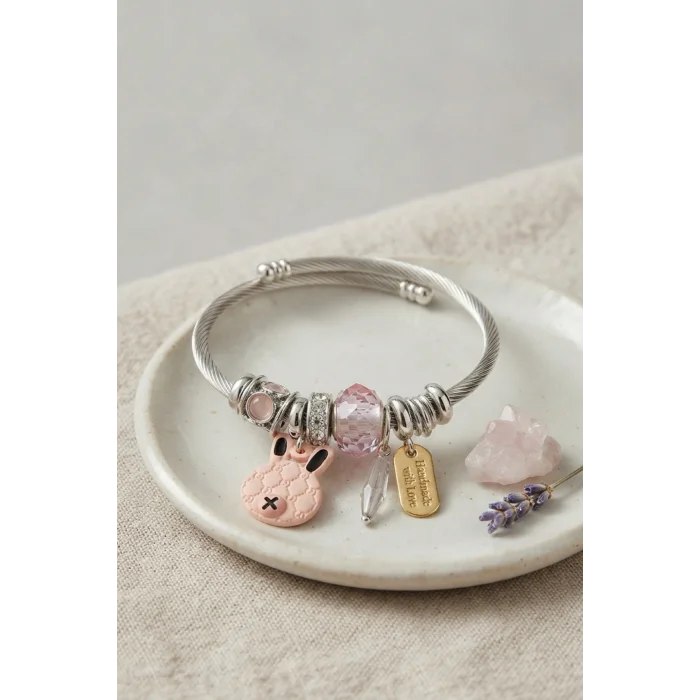 Pembe Şans Tavşanı Charmlı Bileklik