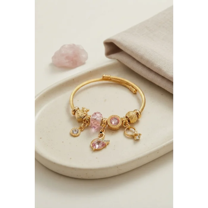 Pembe Swan Model Gold Renk Charmlı Bileklik