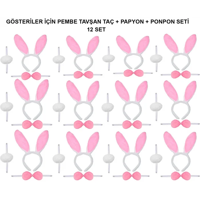 Pembe Tavşan Kostüm Seti – Taç, Papyon, Ponpon (12’li Paket)