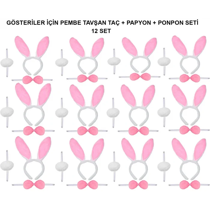 Pembe Tavşan Kostüm Seti – Taç, Papyon, Ponpon (12’li Paket) (5047)