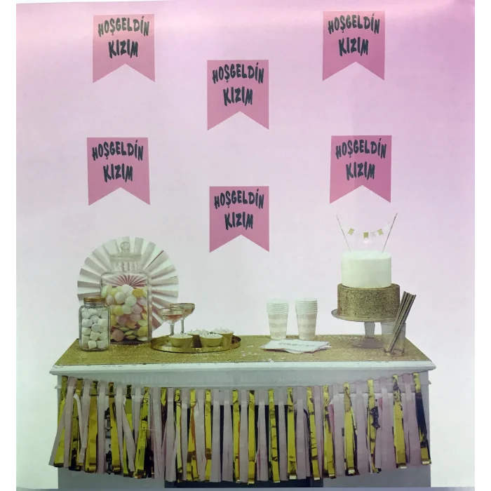 Pembe Üzeri Gümüş Renk Hoşgeldin Kızım Bayrak Süs