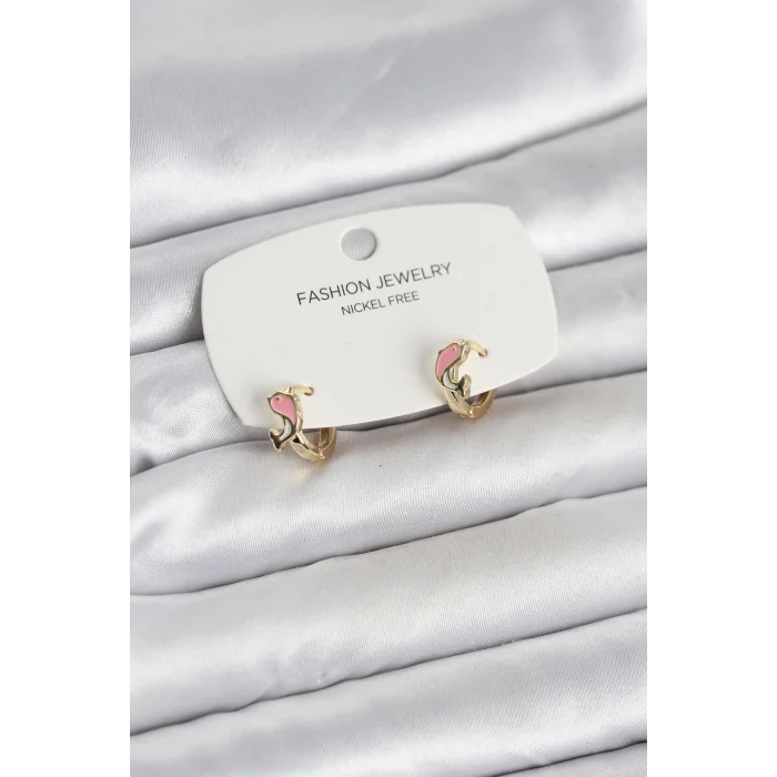 Pembe Yunus Balığı Model Gold Renk Pirinç Çocuk Küpe