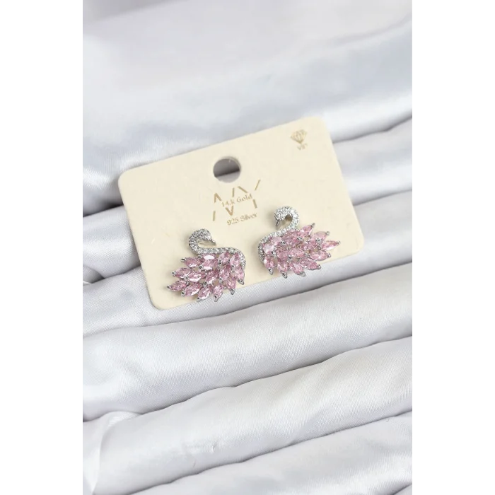 Pembe Zirkon Taşlı Gümüş Swan Kuğu Model Kadın Küpe