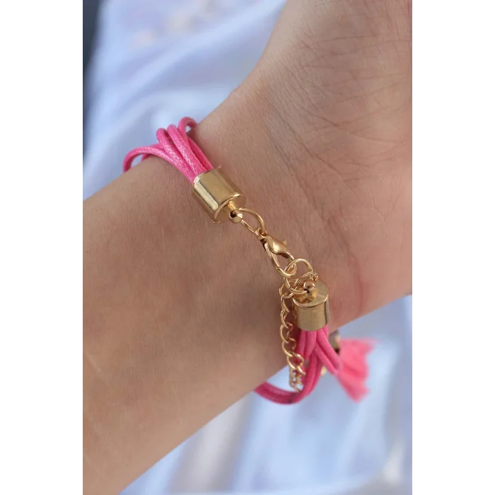 Pembe Zirkon Taşlı İpli Püskül Detay Çoklu Bileklik